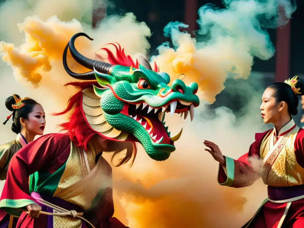 Danza del Dragón tradición asiática: Performers manipulan con destreza un dragón vibrante en una danza sincronizada, envueltos en humo de incienso