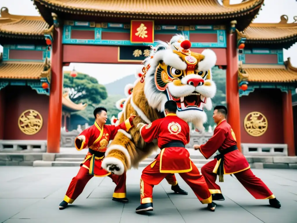 Danza del León estilo Kung Fu: Grupo de artistas marciales realizando la Danza del León con movimientos dinámicos y coloridos trajes, frente a un templo chino tradicional