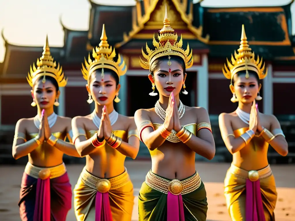 Danza Apsara: grupo de bailarinas en trajes tradicionales, realizando una elegante presentación en un templo histórico de Camboya