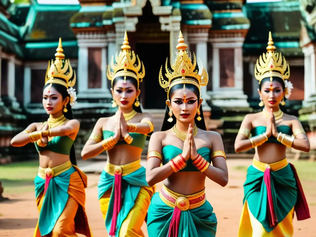 Danza Apsara: grupo de bailarinas con trajes tradicionales, ejecutando movimientos elegantes en un antiguo templo camboyano