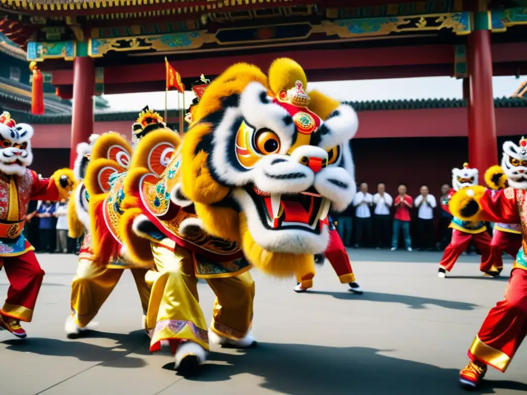 Danza del León estilo Kung Fu: Grupo de practicantes famosos ejecutando movimientos dinámicos y detallados en coloridos trajes tradicionales