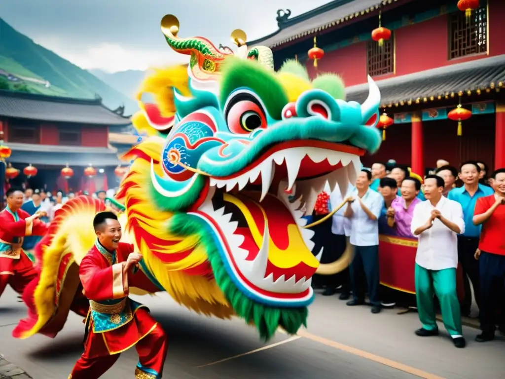 Una danza del dragón chino tradicional en un festival de minorías étnicas en las dinastías chinas