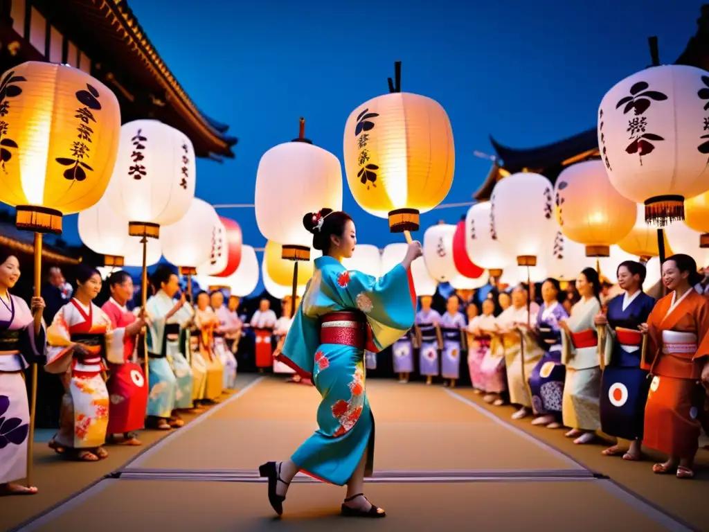 Danza tradicional del Festival Obon honrando ancestros en Japón, con vibrantes kimonos, tambores taiko y espectadores maravillados