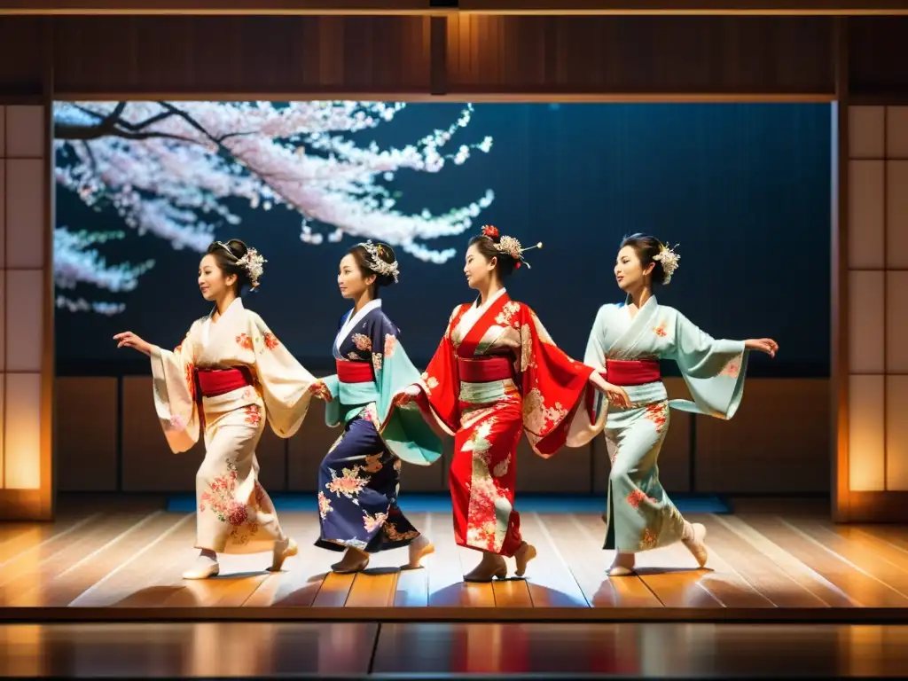 Danza tradicional japonesa y arte: Grupo de bailarines en kimonos vibrantes danzando en un escenario de madera con motivos de sakura