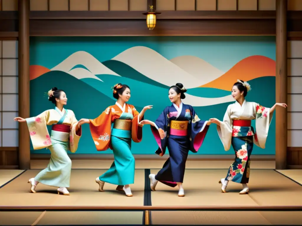 Danza tradicional japonesa y arte: Grupo de bailarines en kimonos vibrantes, moviéndose graciosamente en una actuación llena de elegancia y tradición