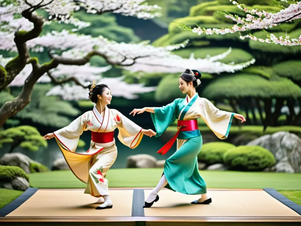 Danza tradicional japonesa y arte: Bailarines con trajes elegantes y movimientos precisos, en un jardín japonés con flores de cerezo vibrantes