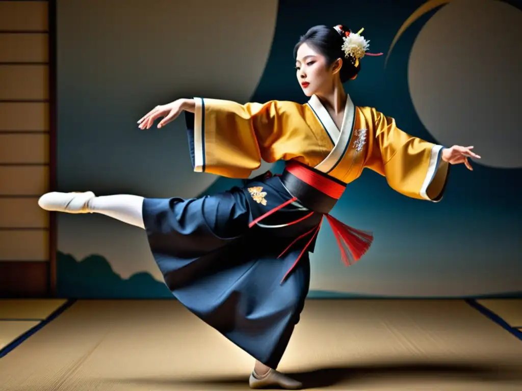 Danza tradicional japonesa capturada en movimiento fluido y elegante, con trajes elaborados y elementos artísticos modernos