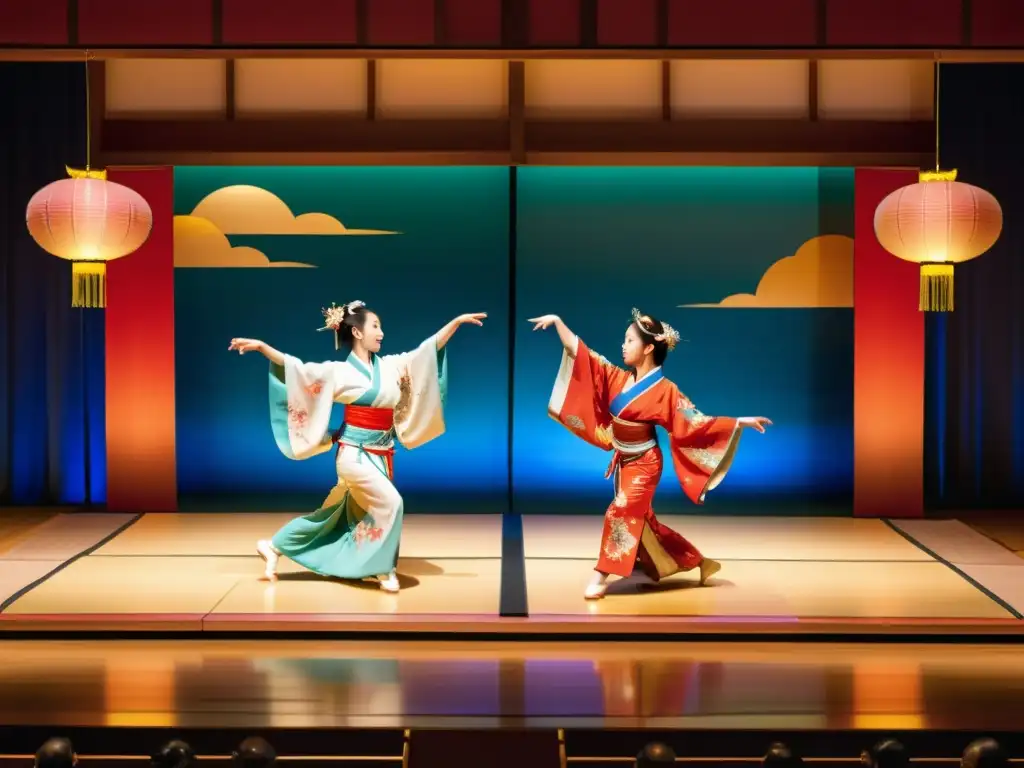 Una danza tradicional japonesa se desarrolla en un escenario bellamente ornamentado, con bailarinas vestidas con kimonos vibrantes