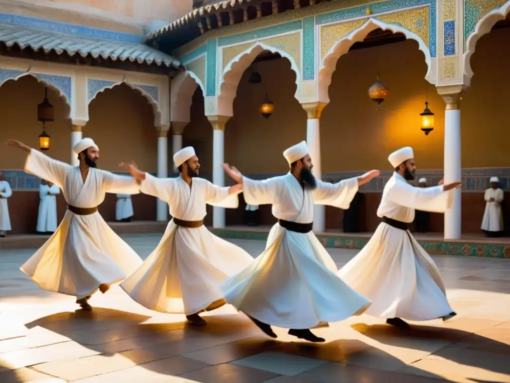 Danza Sufi hipnótica al atardecer Danzarines derviches sufíes giran en un trance espiritual en un antiguo edificio, bañados por la luz dorada del atardecer