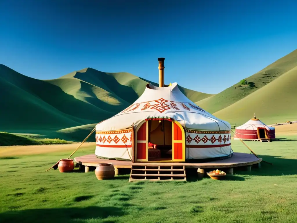 Una yurta mongola lujosamente decorada en un paisaje de colinas verdes, con una mesa de banquetes tradicionales en su interior