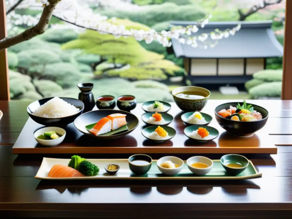 Una delicada comida japonesa con detalles meticulosos y un ambiente sereno en un jardín, representando la cultura samurai y la alimentación