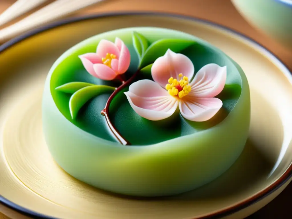 Delicada repostería japonesa: arte comestible sofisticado en forma de flor de cerezo, detalle y color vibrante en cerámica japonesa