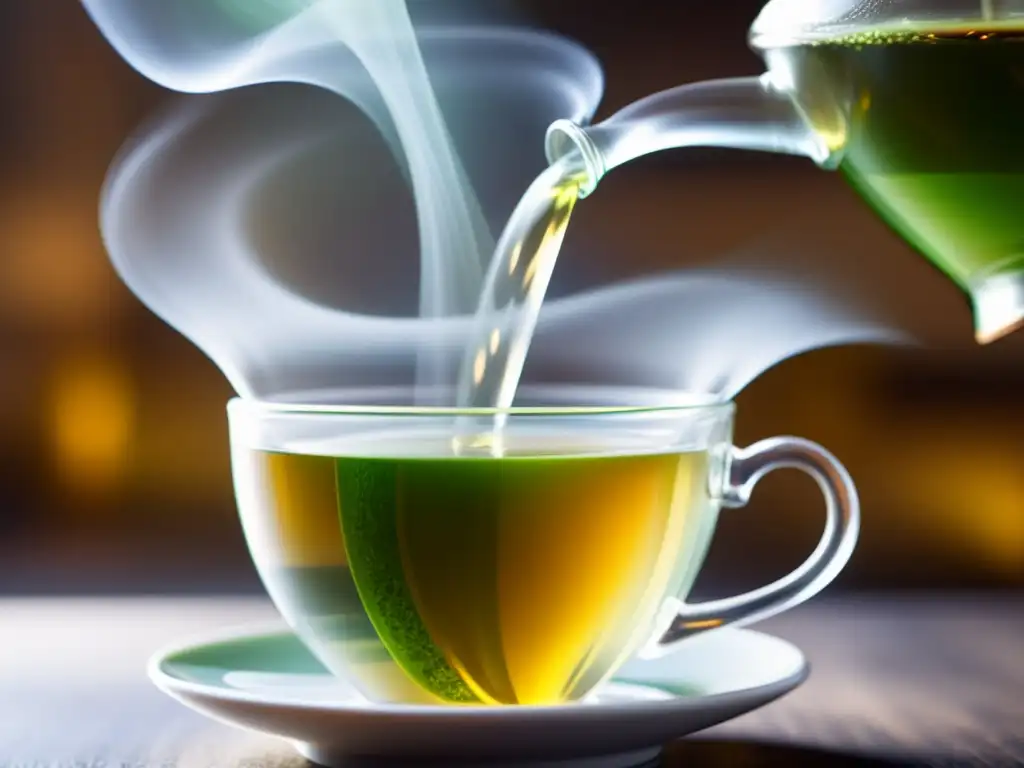 Delicada taza de té verde recién hecho, vapor danzante y beneficios del té verde para belleza