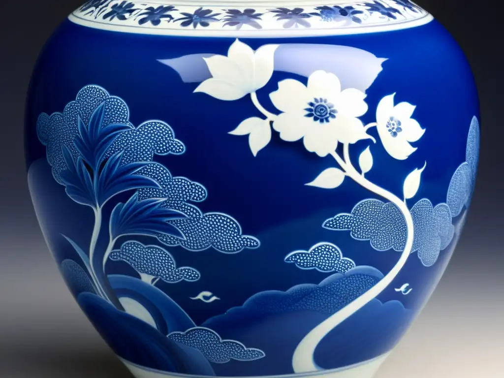 Una delicada vasija de porcelana de la dinastía Ming, con intrincados motivos pintados a mano en azul cobalto y blanco