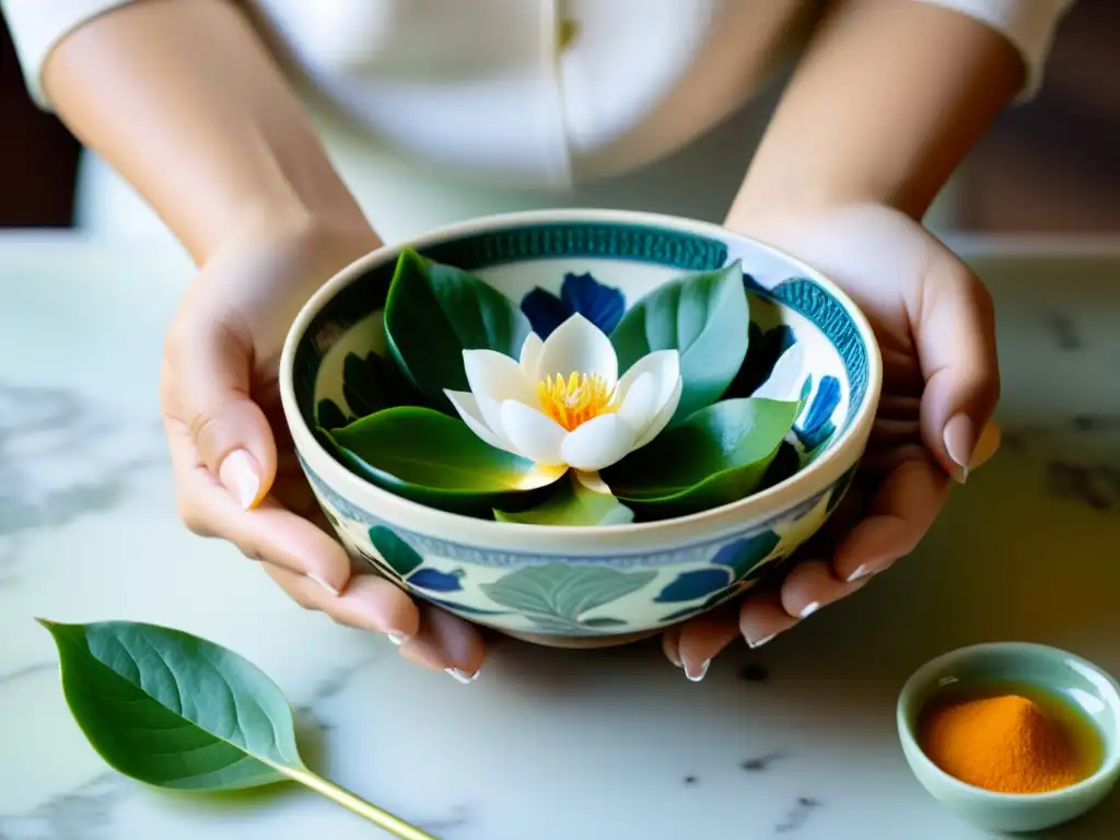 Las delicadas manos de una mujer sostienen un cuenco de porcelana asiática con ingredientes botánicos frescos y coloridos, mientras la luz natural resalta su piel radiante