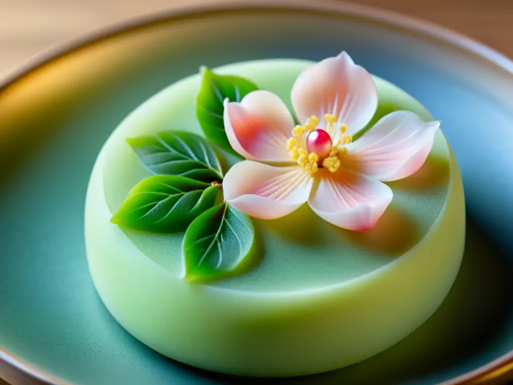 Delicado wagashi japonés que refleja la sofisticada arte comestible de la repostería japonesa, con forma de flor de cerezo en plena floración