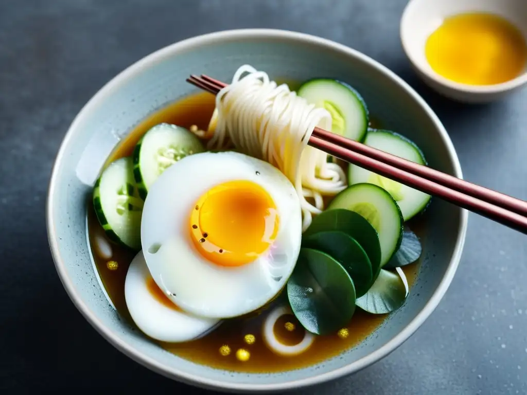 Delicados fideos fríos verano coreano con chopsticks de acero inoxidable, sobre un plato de cerámica, creando una escena apetitosa y serena