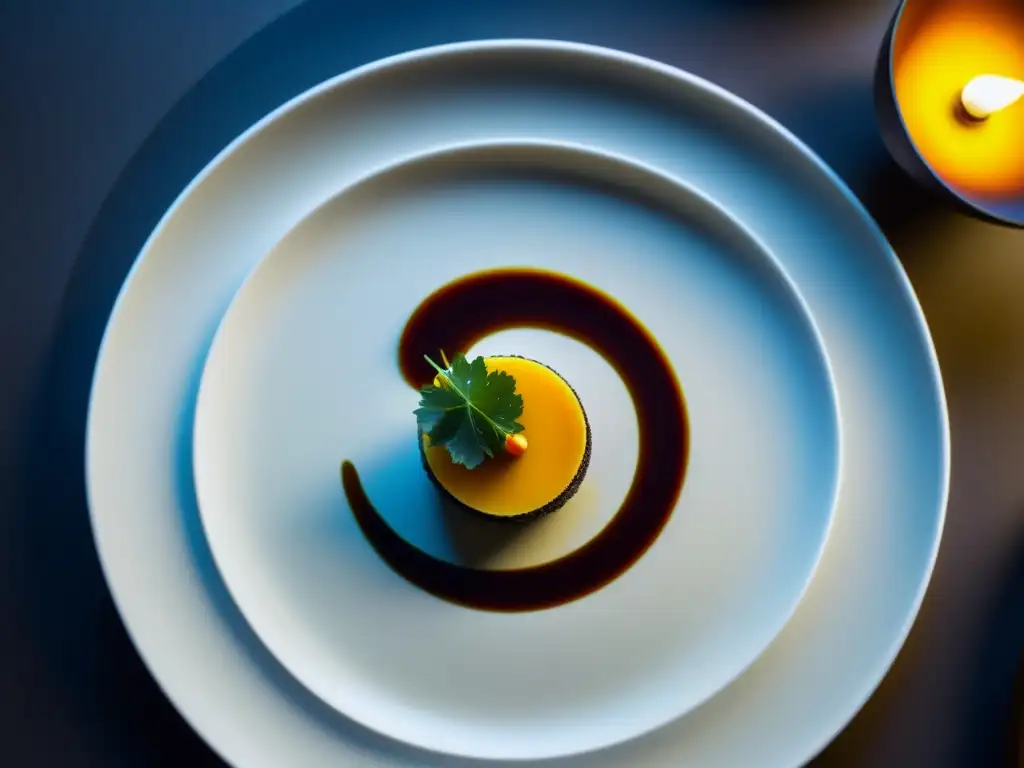 Delicias culinarias en hoteles de lujo en Asia: presentación exquisita de un plato Michelin en un elegante comedor con iluminación suave