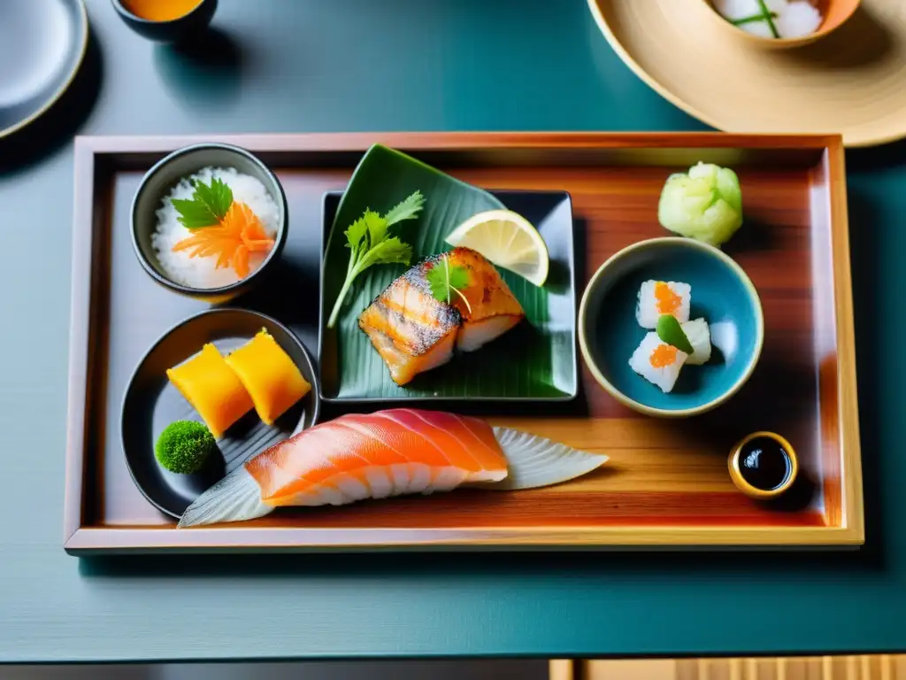 Delicias culinarias de lujo asiático: un exquisito kaiseki japonés con sashimi, tempura, pescado a la parrilla, verduras encurtidas y sopa miso, presentado con elegancia en una bandeja de laca