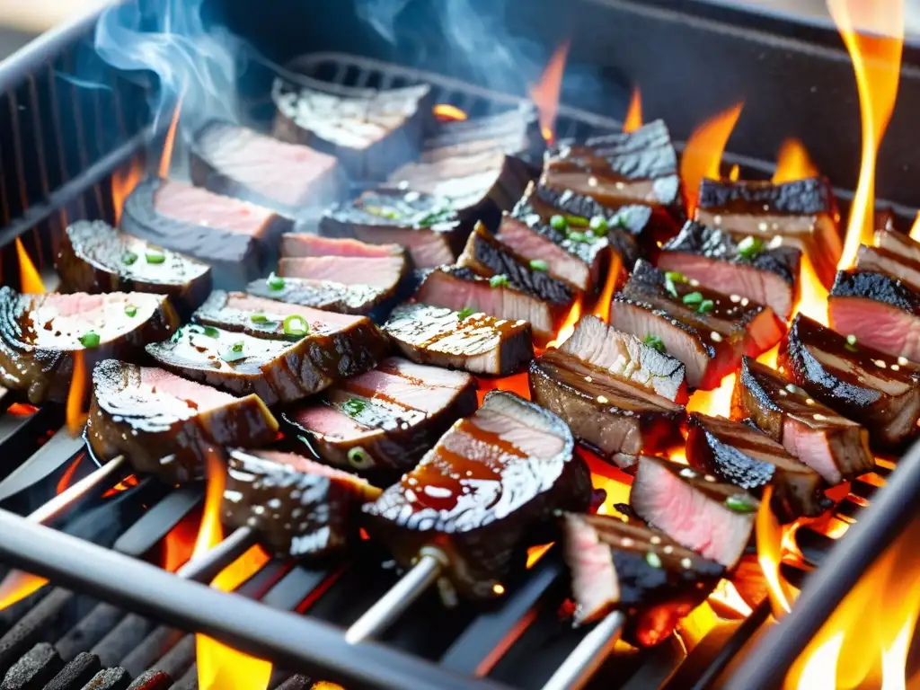 Deliciosa carne bulgogi marinada, sizzling en la parrilla con caramelización y marcas de grill