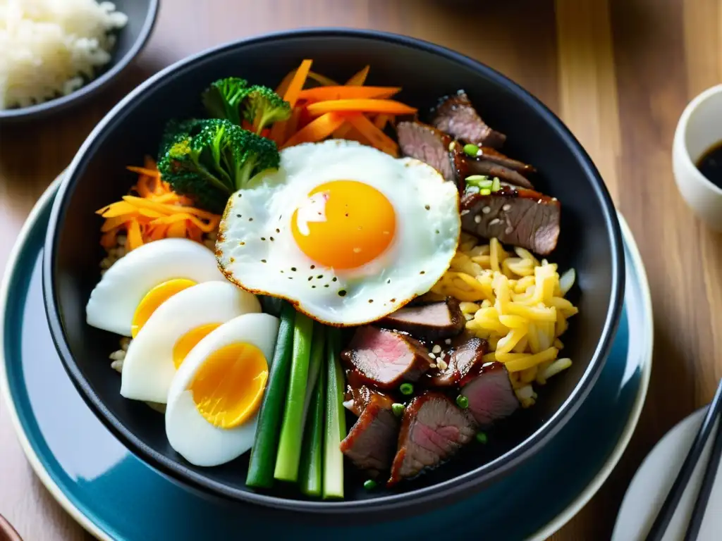 Una deliciosa y colorida presentación de bibimbap, un plato tradicional coreano