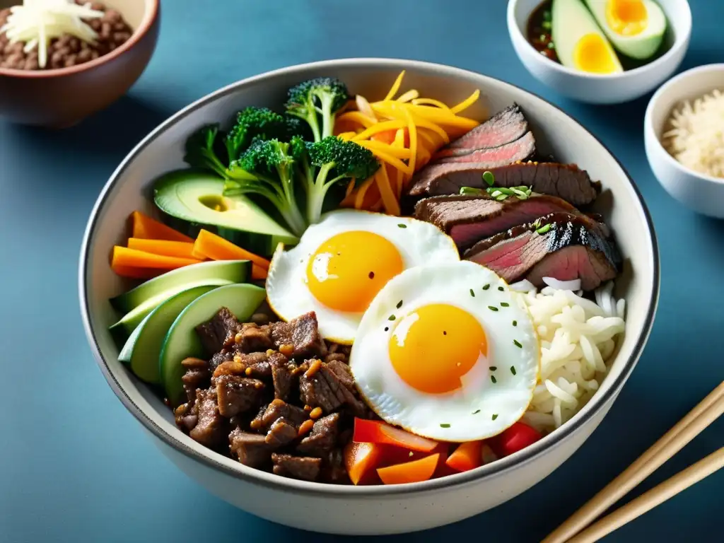 Deliciosa bibimbap coreana gourmet con sabores intensos y colores vibrantes en un plato de piedra clásico