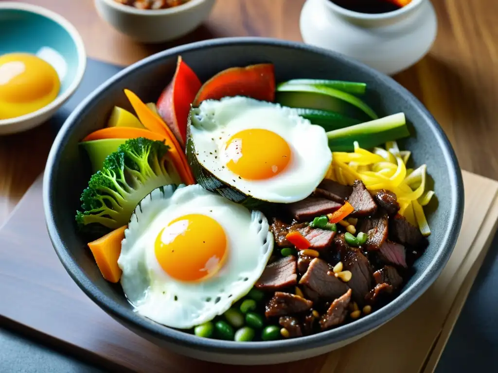 Una deliciosa bibimbap coreana con ingredientes vibrantes y detallados, servida en un tazón de piedra