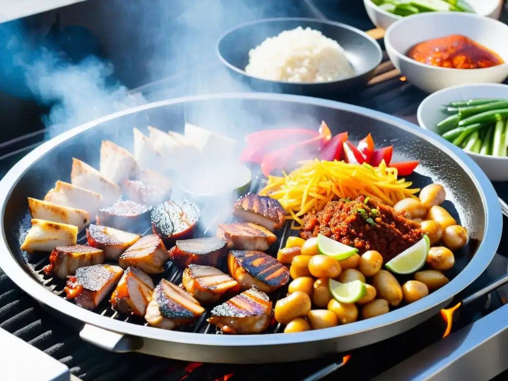 Una deliciosa y humeante preparación de dakgalbi en un animado mercado al aire libre de Seúl, Corea del Sur