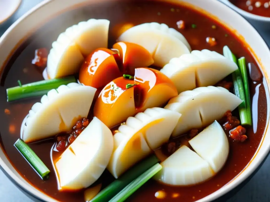 Una deliciosa y humeante historia y receta del Tteokbokki, con arroz en una salsa roja picante, cubierto de semillas de sésamo y cebolla