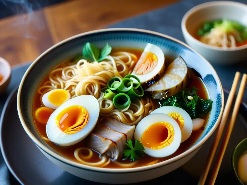 Deliciosa imagen de un tazón de ramen humeante, con detalles vibrantes y un ambiente apetitoso