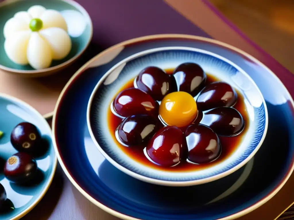 Deliciosa presentación de postre tradicional coreano con jujube, resaltando sus beneficios en postres con su textura brillante y colores vibrantes