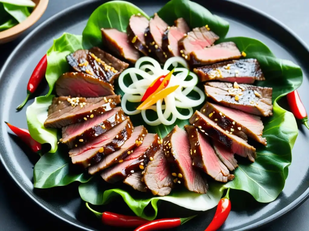 Deliciosa receta marinado perfecto carne bulgogi con carne finamente rebanada, lechuga y chiles en un plato de piedra oscuro