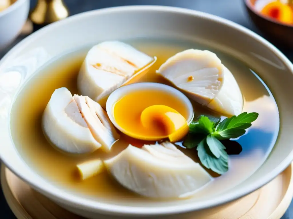 Una deliciosa y reconfortante sopa de pollo Ginseng beneficios, con un caldo dorado, trozos tiernos de pollo y hierbas vibrantes