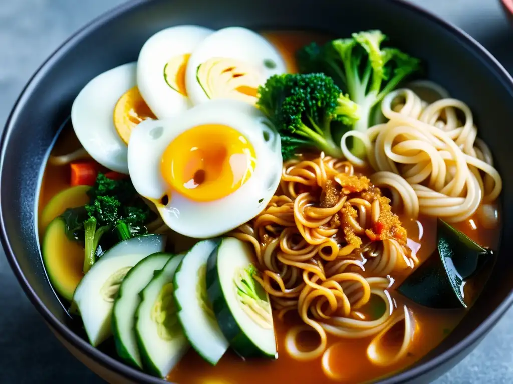 Una deliciosa revolución del Ramyeon Corea: un tazón humeante con colores, texturas, y vapor que invitan a saborear