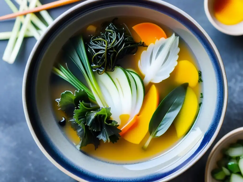 Una deliciosa sopa de algas coreana receta tradicional, servida en un bol de piedra sobre una mesa rústica