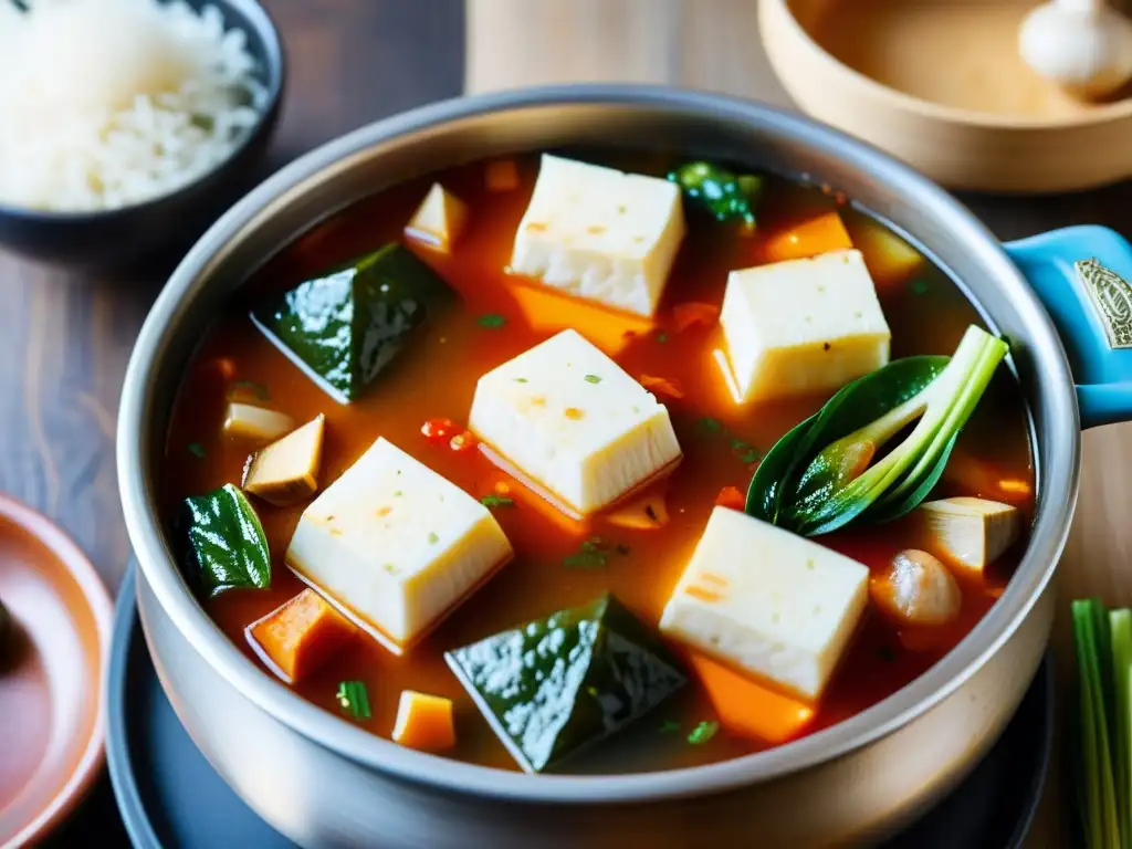 Una deliciosa sopa de tofu coreana burbujeante, con vibrante color rojo y aroma reconfortante