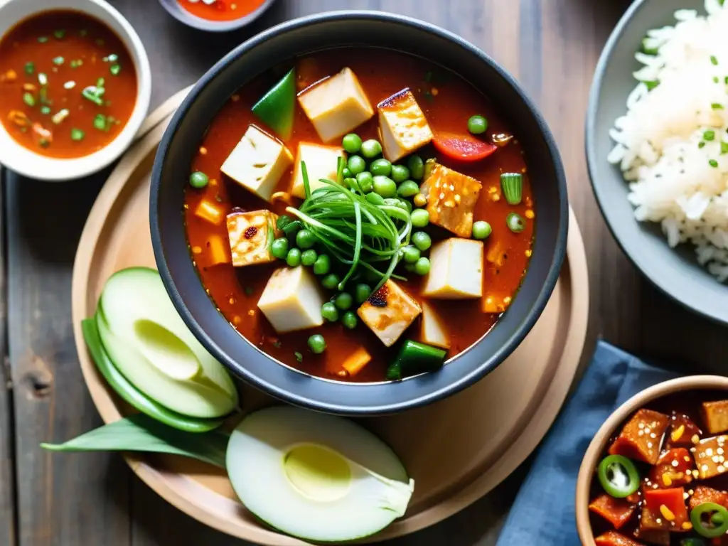 Una deliciosa sopa de tofu coreana humeante en un tazón, acompañada de platillos tradicionales, evocando una experiencia reconfortante y cultural