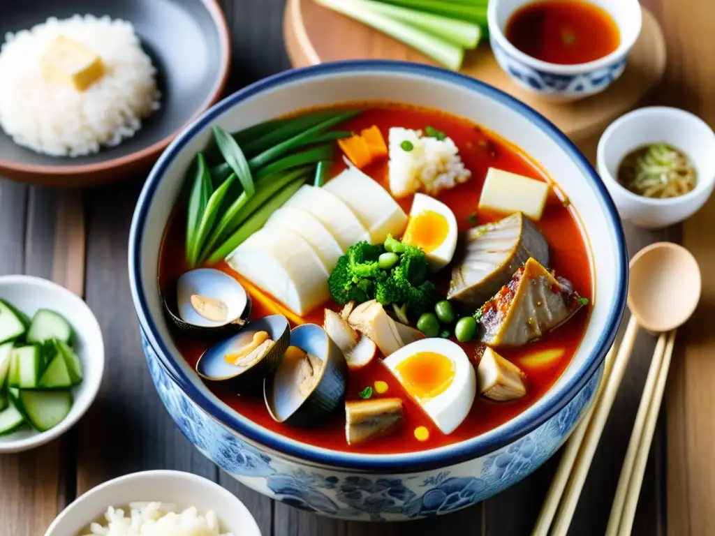 Una deliciosa sopa de tofu coreana con ingredientes frescos, servida en una mesa rústica