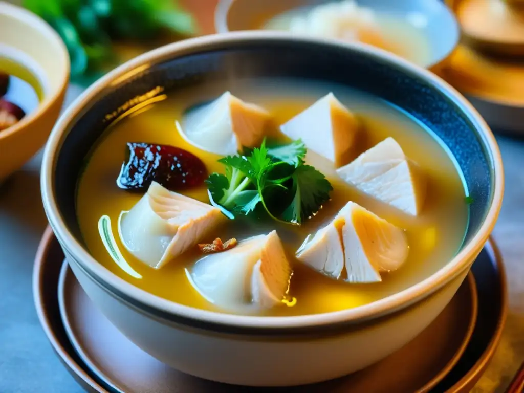 Una deliciosa sopa coreana de pollo con ginseng, samgyetang, servida en un tazón de cerámica con vapor