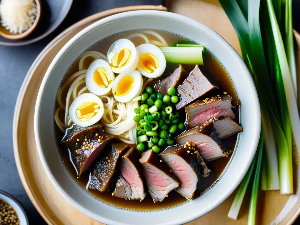 Una deliciosa sopa de huesos de res coreana, Seolleongtang, humeante en un tazón sobre una mesa rústica con kimchi y palillos de acero inoxidable