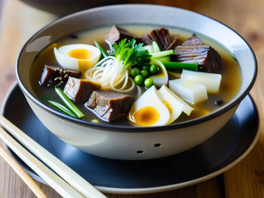 Una deliciosa sopa de huesos de res coreana, con trozos tiernos de carne y cebolla verde, en una mesa de madera rústica