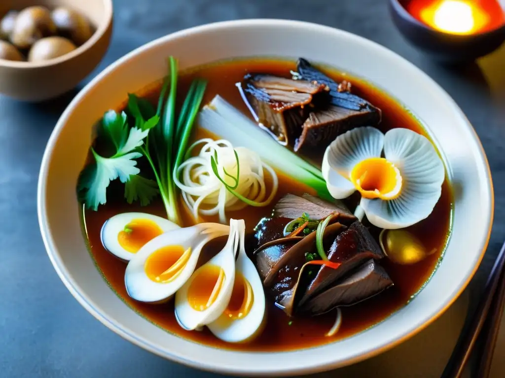 Una deliciosa sopa picante coreana Yukgaejang, con carne tierna, cebollas verdes, setas y fideos, en un tazón humeante