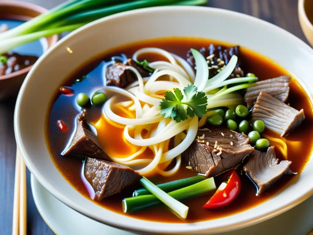 Una deliciosa sopa picante coreana Yukgaejang con carne, fideos y vegetales, adornada con cebolla y chiles