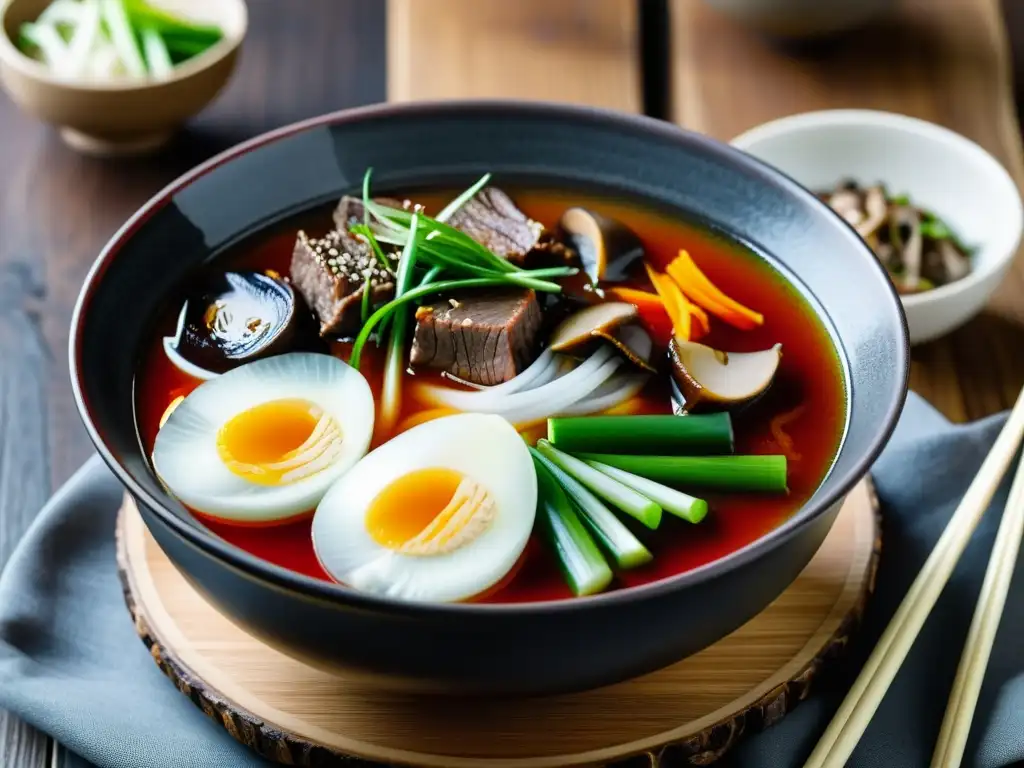 Una deliciosa sopa picante coreana Yukgaejang en un tazón humeante sobre una mesa de madera rústica, con elegantes palillos al lado