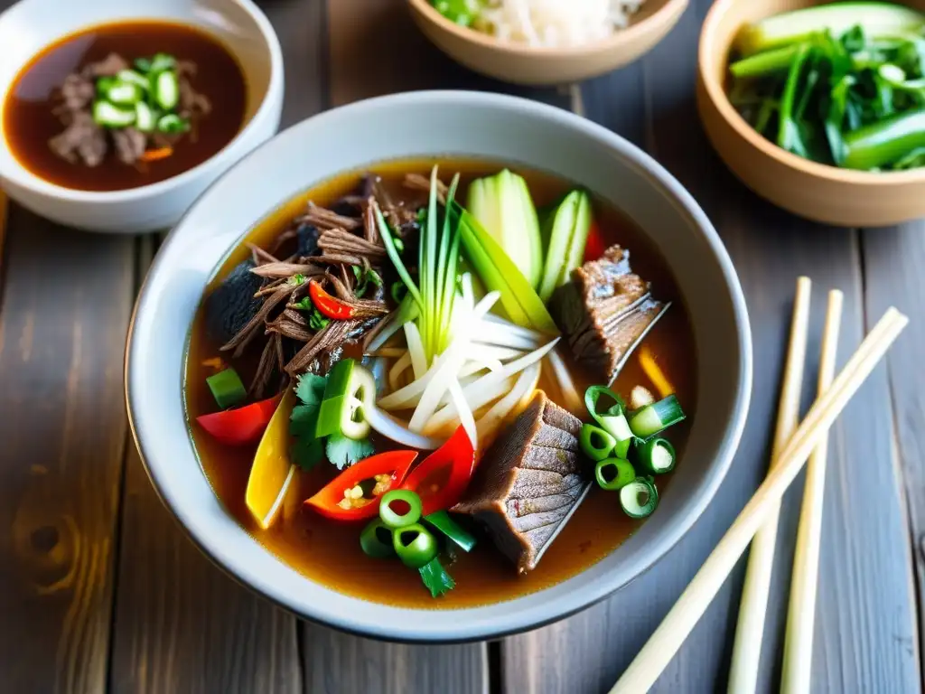 Una deliciosa sopa picante coreana Yukgaejang, con carne tierna, verduras y chiles, brilla en una mesa rústica, emanando calidez y sabor tradicional