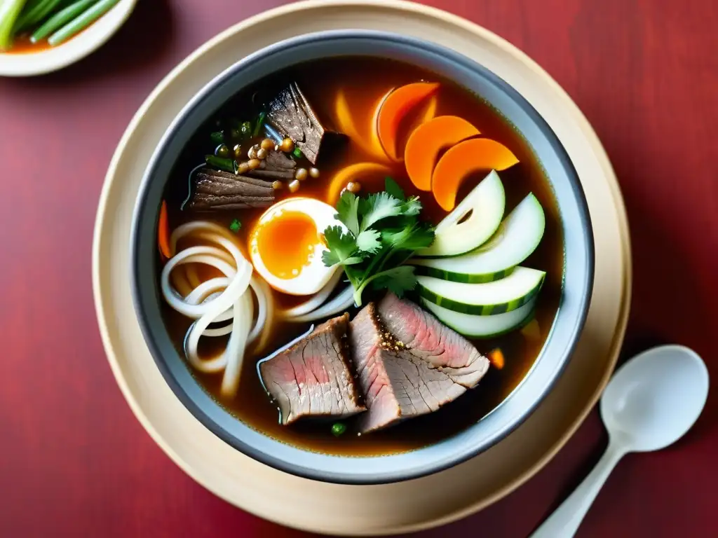 Una deliciosa sopa picante coreana Yukgaejang, con verduras y carne, humeante sobre una mesa de madera con un fondo rojo vibrante