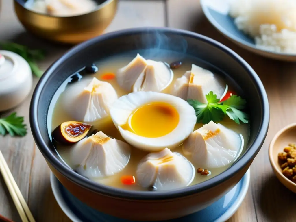 Una deliciosa sopa de pollo con ginseng, arroz pegajoso y hierbas aromáticas, sobre una mesa rústica con platillos de kimchi