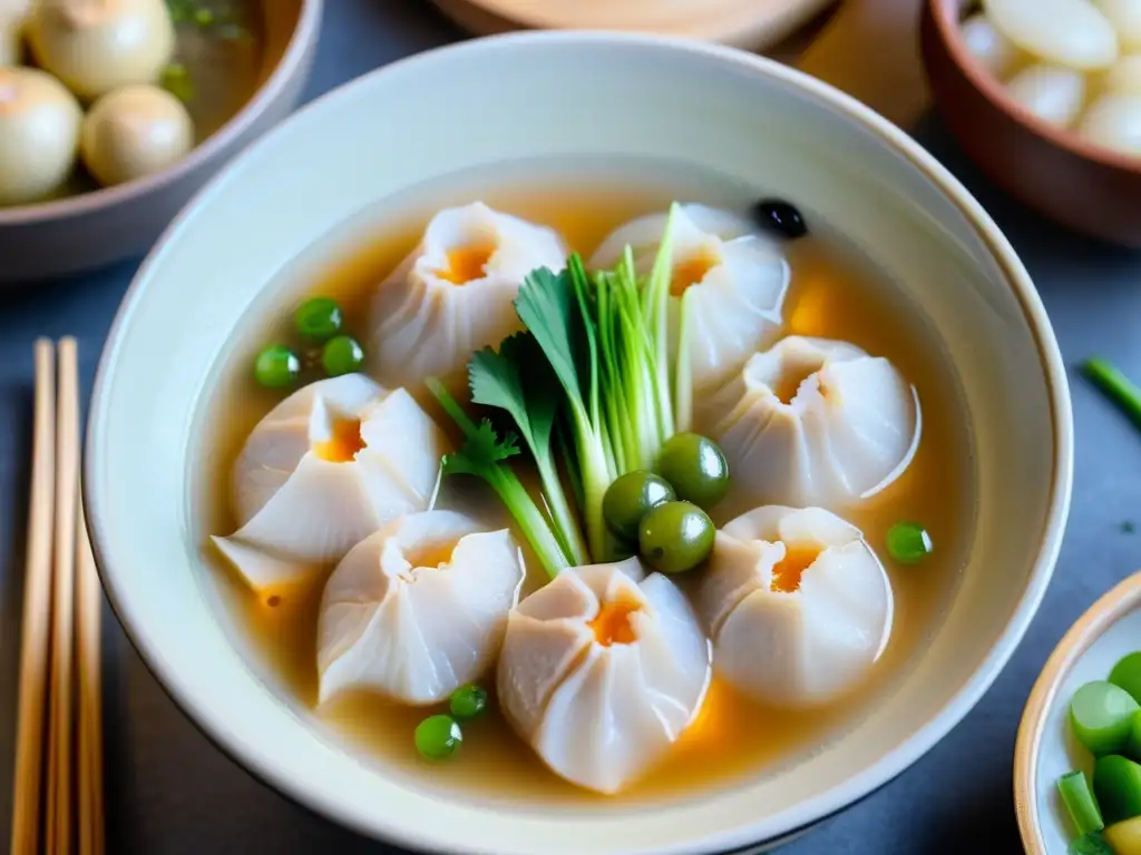 Una deliciosa sopa de pollo con ginseng, adornada con cebolla verde y frutas jujube, emitiendo vapor reconfortante