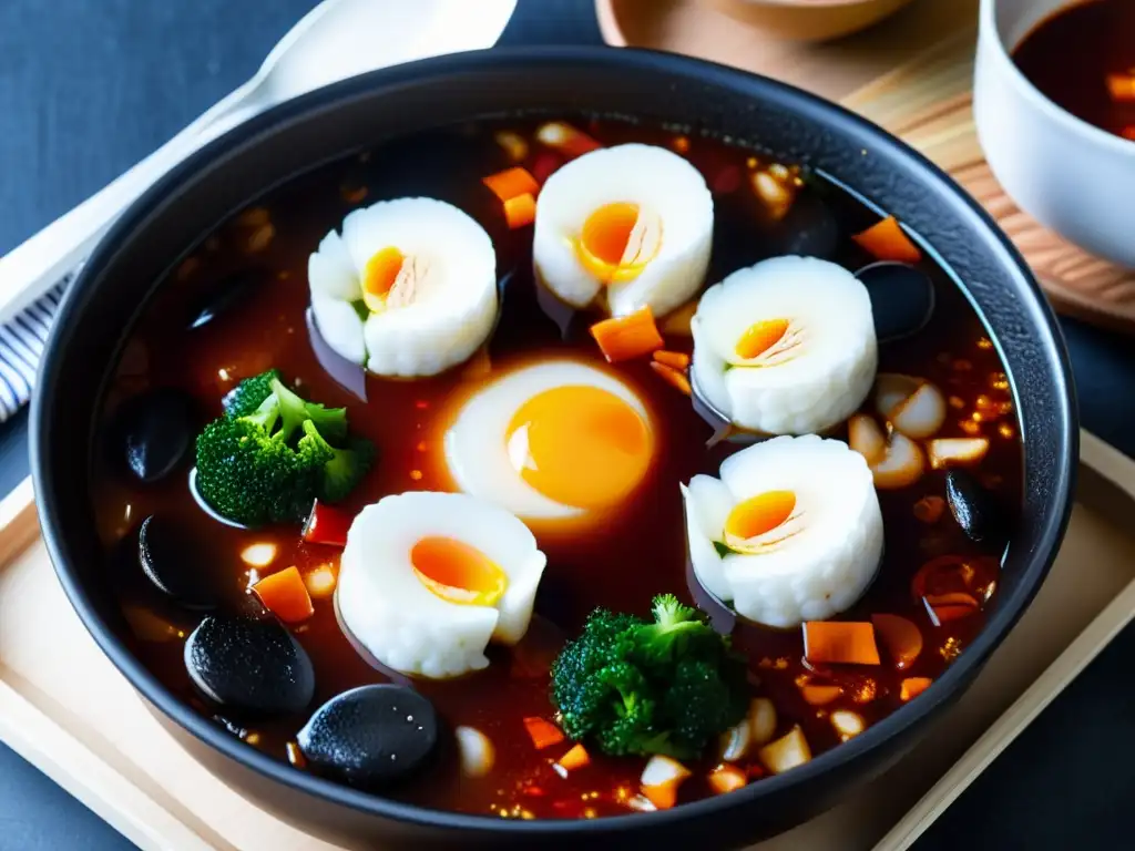 Una deliciosa y tentadora vista de un tteokbokki casero con tteok, odeng y huevos hervidos en salsa gochujang roja