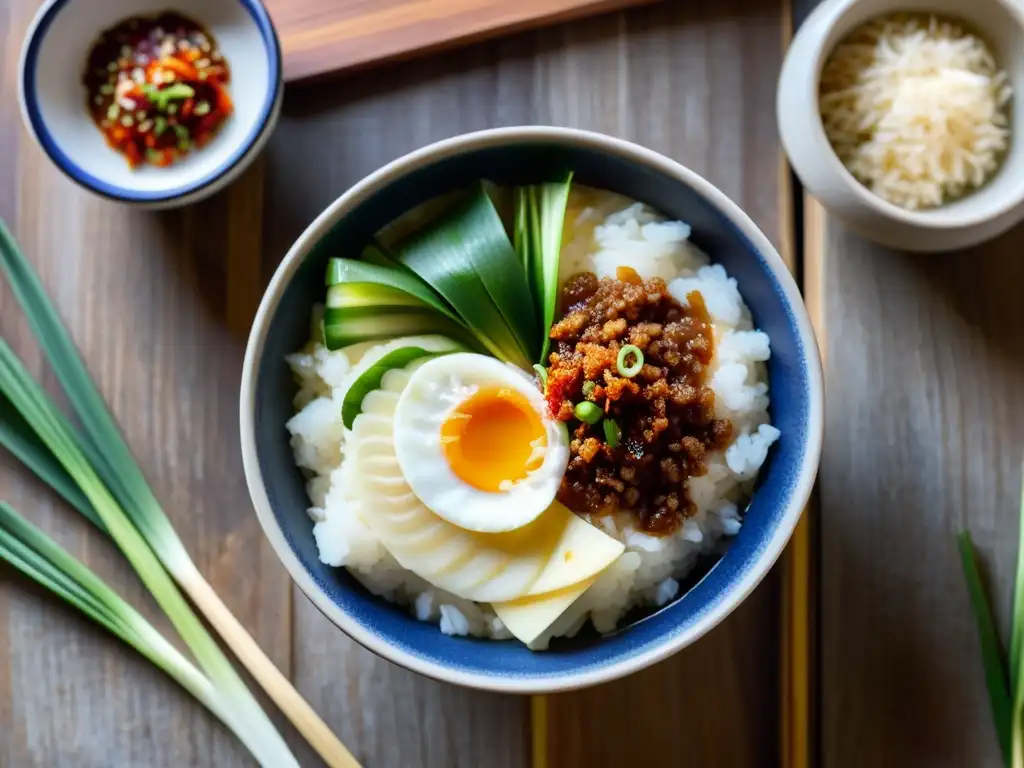 Una deliciosa vista cercana de un tazón de porridge coreano tradicional, con textura suave y cremosa, granos de arroz visibles y coloridos adornos